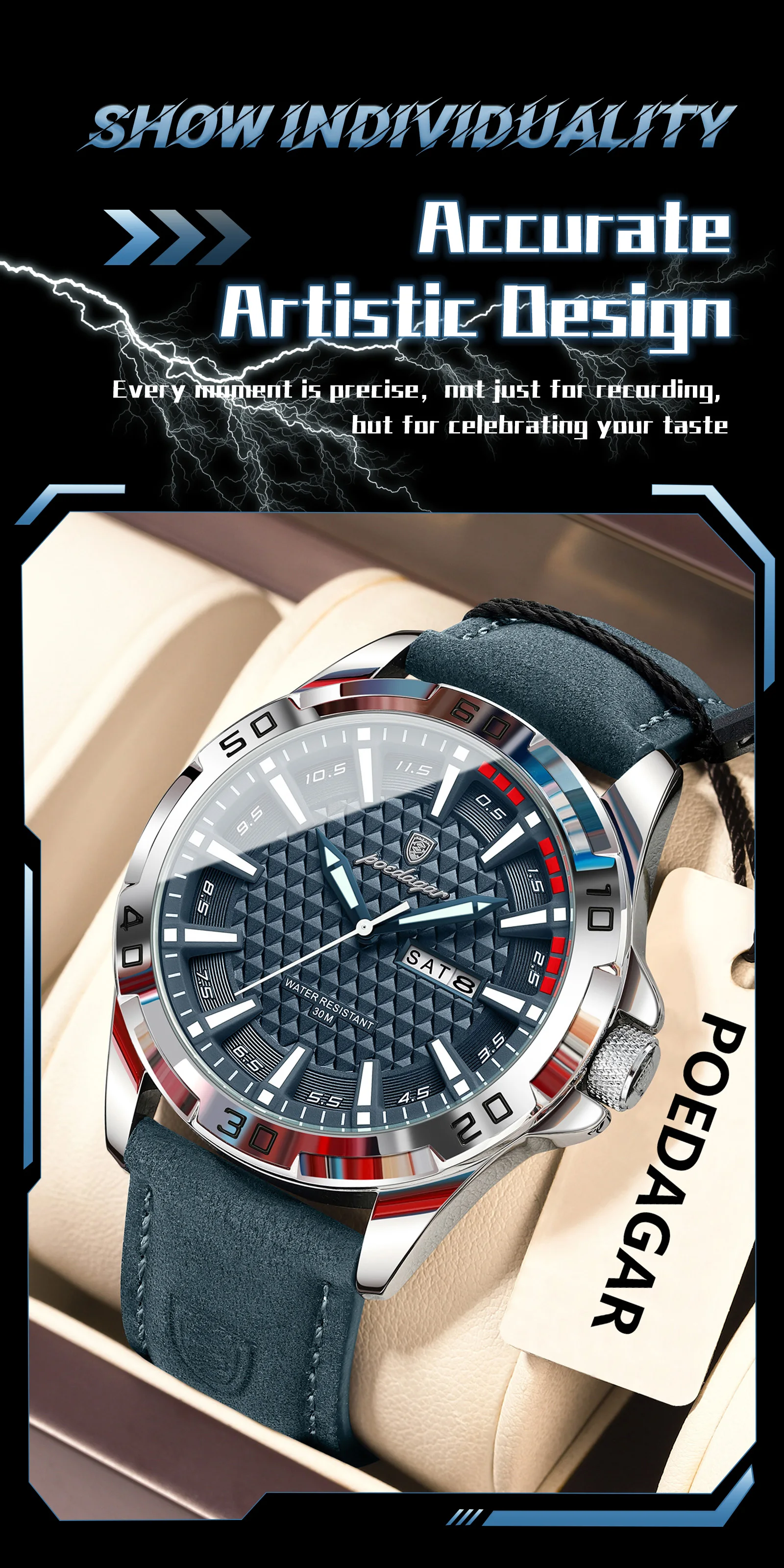 POEDAGAR Original Männer Uhr Luxus Wasserdicht Leucht Datum Woche Uhr Für Mann Quarz Leder Mode herren Uhren Reloj Hombre – Detail 15
