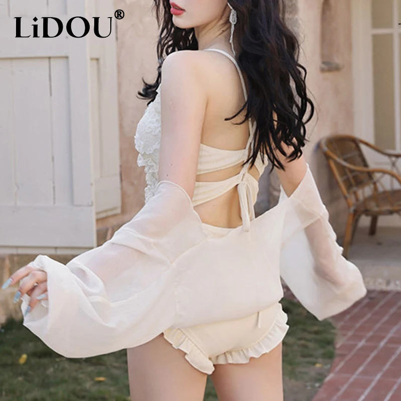 Korean Fashion Sexy Summer Swimsuits Women Solid Color Vintage Sweet Aesthetic Elegant White Hipster Street Lace Swimwear