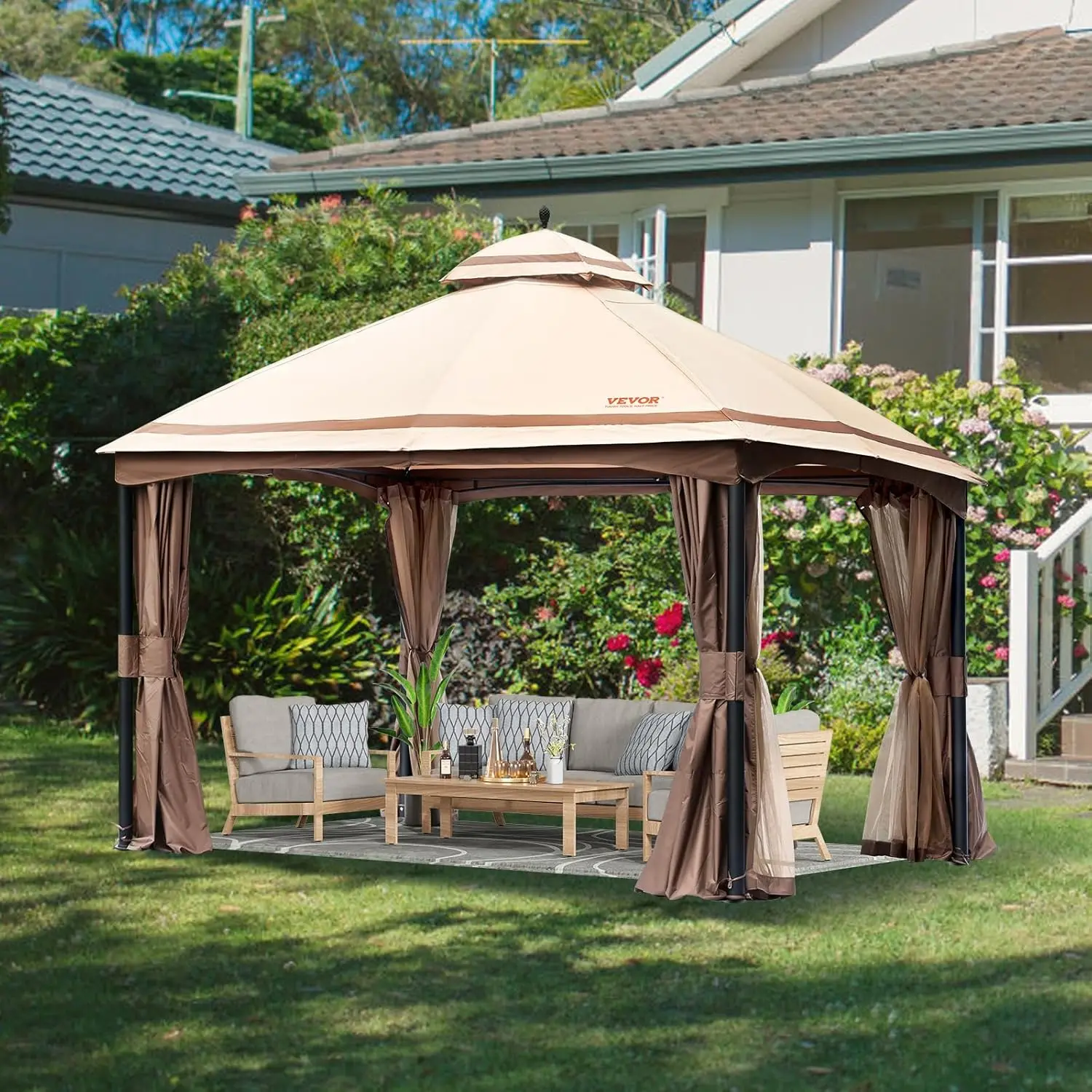 Patio Gazebo for 10-12 Person, 10 x 13 FT Backyard Gazebo, with Mosquito Netting, Metal Frame, and PU Coated 180G Polyester