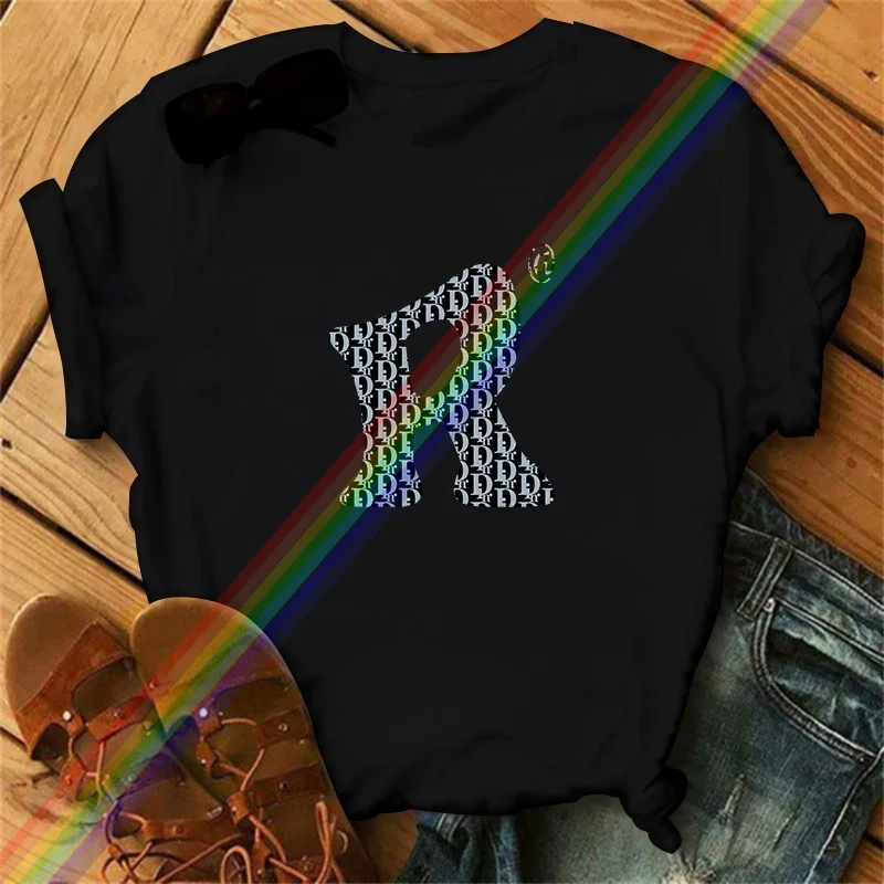 Estilo quente marca de luxo camiseta 100% algodão carta r impresso camiseta 2025 verão harajuku feminino manga curta camiseta topo