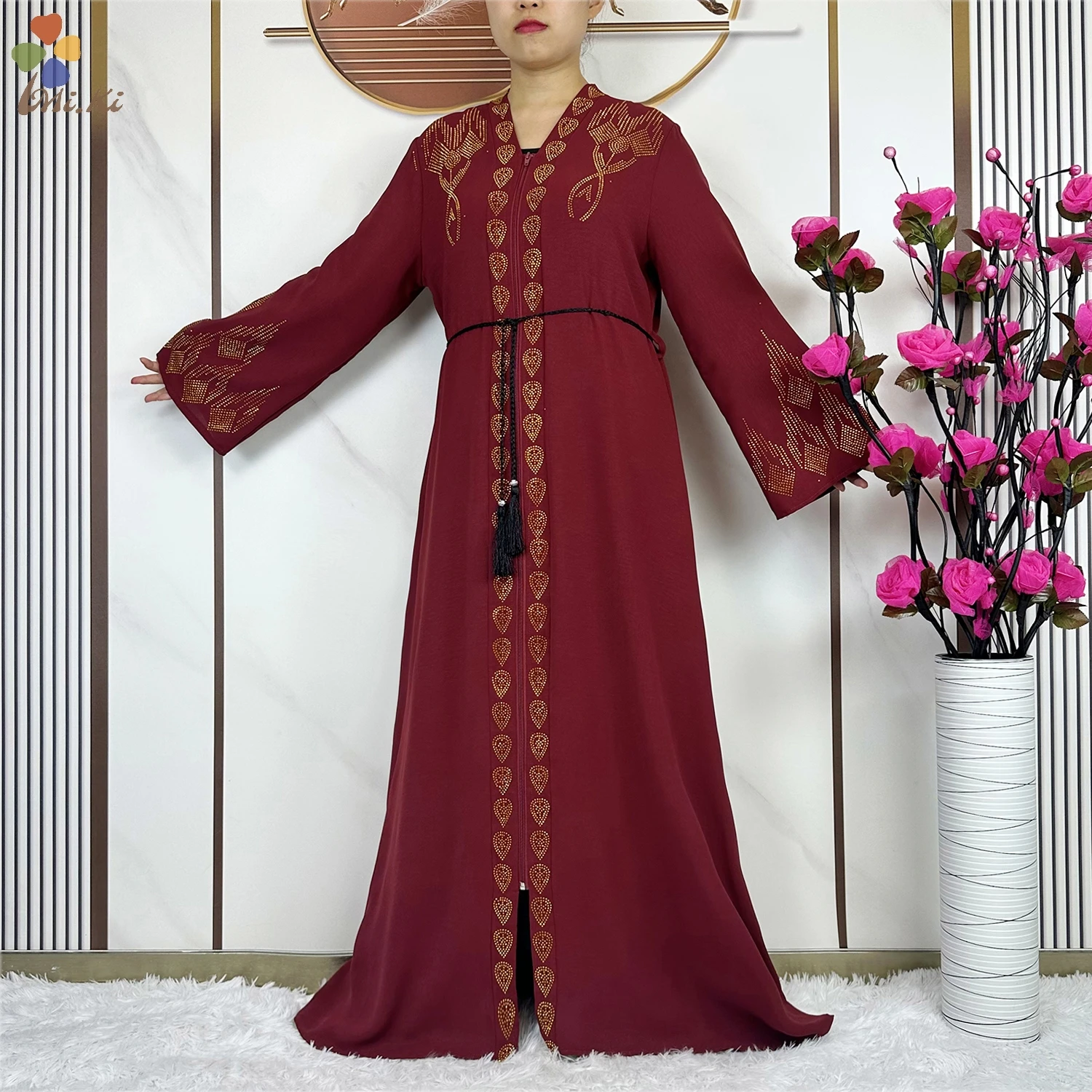 Open Style Muslim Prayer Dress for Women Abaya African Gold Rhinestone Long Cardigan Zipper Robe Dubai Islamic Clothing