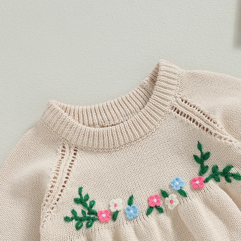 

Вязаные комбинезоны с цветочной вышивкой для маленьких девочек, длинными рукавами и круглым вырезом — уютные осенние комбинезоны для малышей