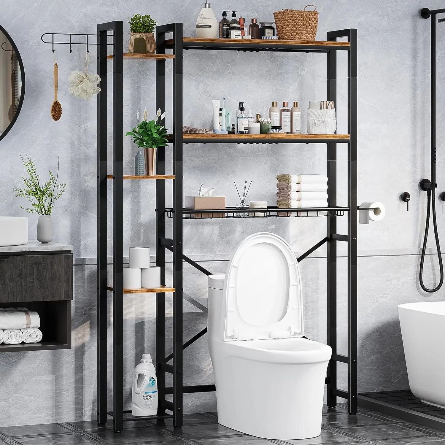 

7-Tier Over Toilet Storage with Side Shelf, Hooks & Paper Holder, Quick Interlock Assembly, Vintage Brown