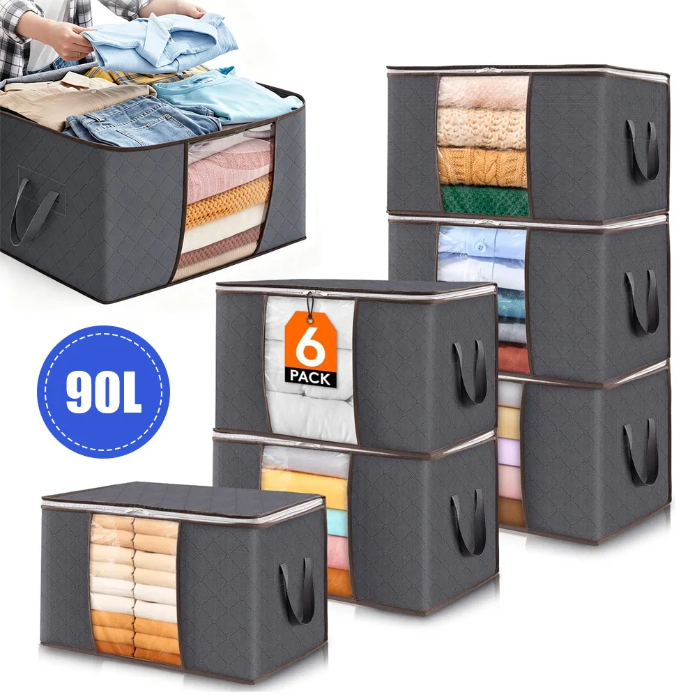 6er-Pack 90L Umzugs- und Aufbewahrungstaschen, faltbar, aus Vliesstoff, mit transparentem Fenster, große Kapazität für Kleidung, Bettwäsche, Spielzeug