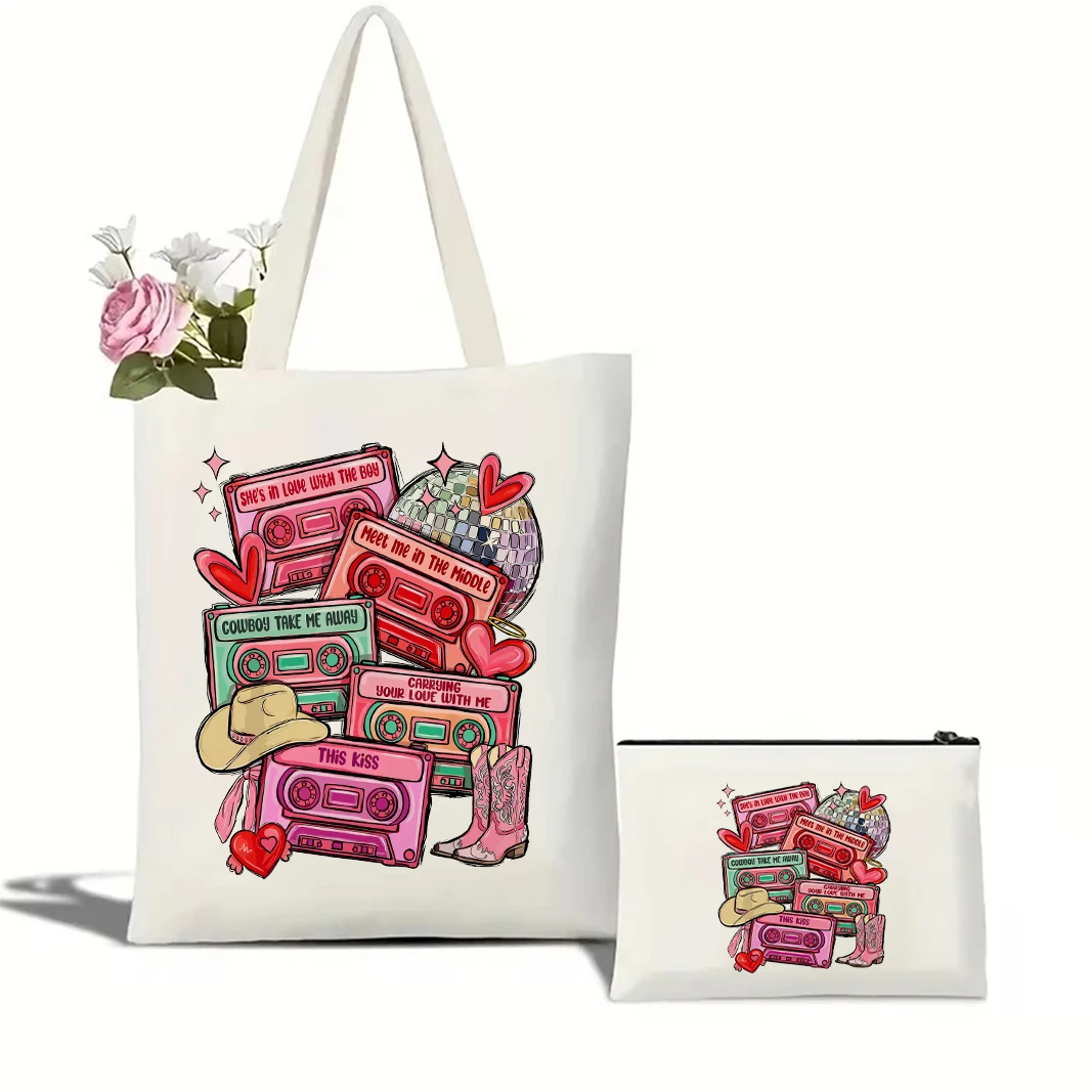 

Valentines Day Cassette Tapes Canvas Tote Bag Women Shoulder Handbag Cosmetic Bag Shopping Bag Cosmetic Bag Travel Pouch
