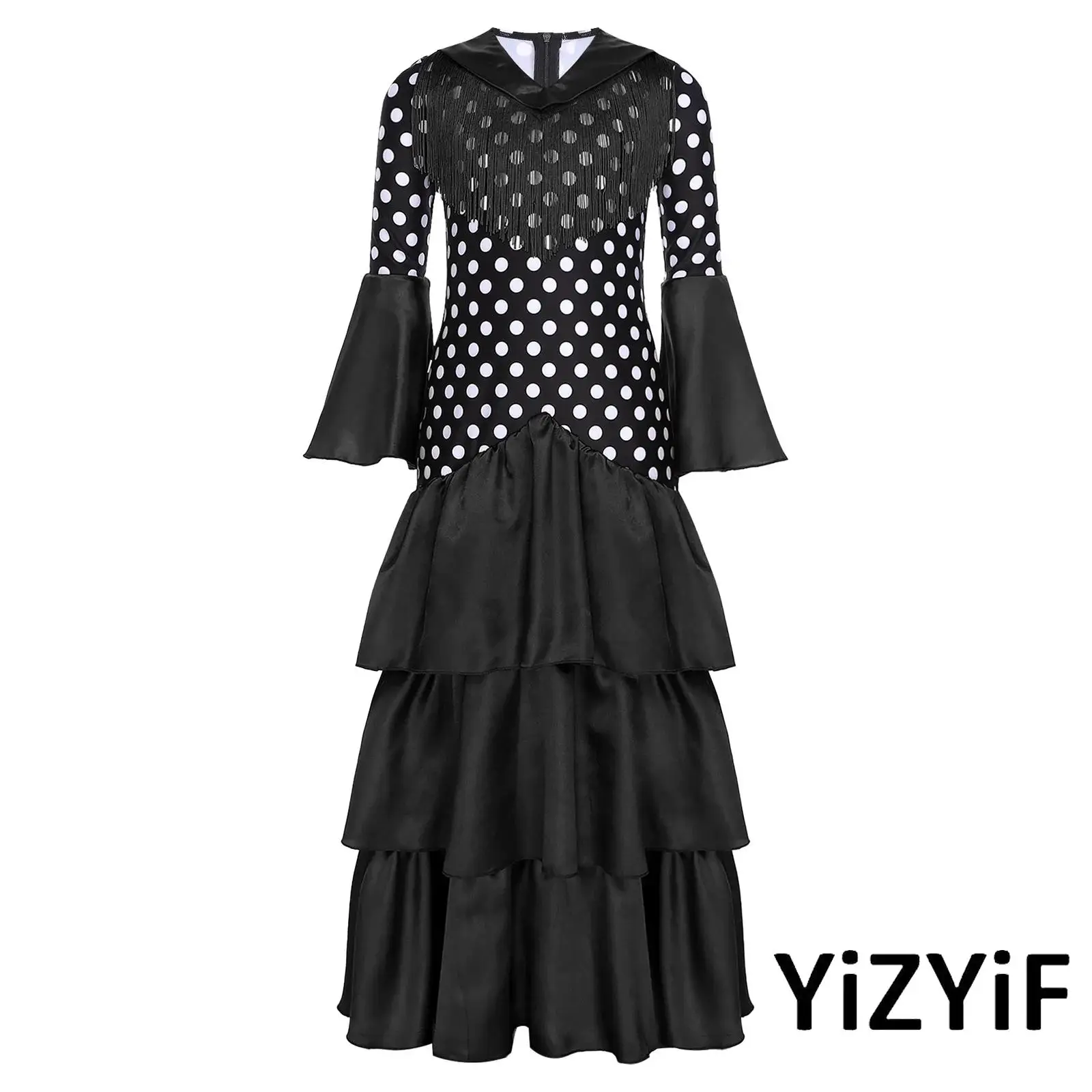 

Kids Girl Flamenco Tango Dance Costume V Neck Flared Sleeve Tiered Ruffle Latin Dance Dress Polka Dots Print Cha-Cha Dance Dress