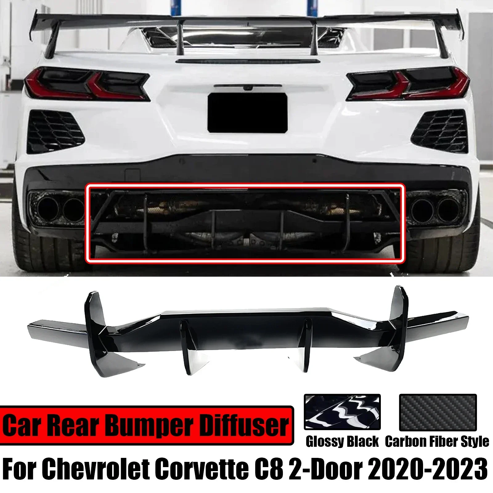 For 2020-2023 Chevrolet Corvette C8 2 Door Z51 Stingray Car Rear Bumper Diffuser Shark Fin Body Kit Splitter Glossy Black ABS