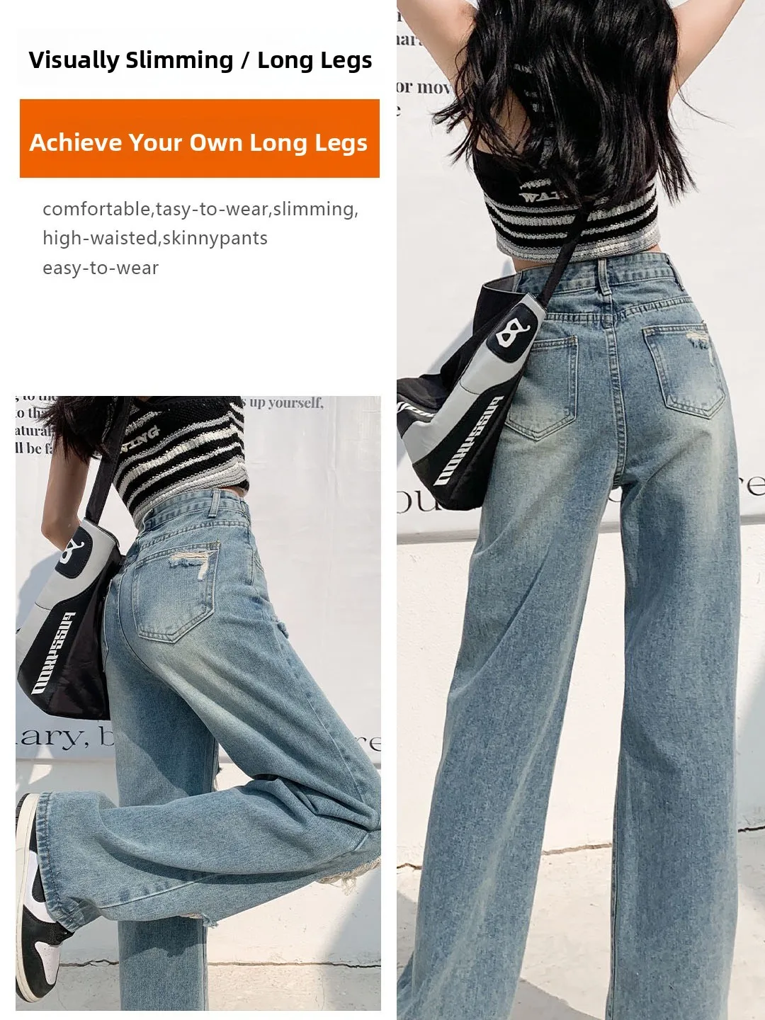 Retro American Hole Wide Leg Jeans Women's High Street Vibe Drapey Fashionable Design Sense Denim Long Trousers Trendy