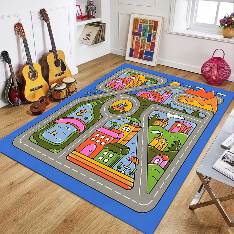 Interactive Play Rug Set Colorful City Road Map Print Floor Mat for  Room  Toy Car Activity Home Decor