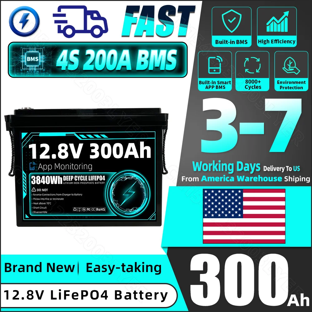 12V 300Ah Lifepo4 Battery Pack Support APP Control 12.8V Rechargeable Cell 3840Wh For Home Energy Storage System