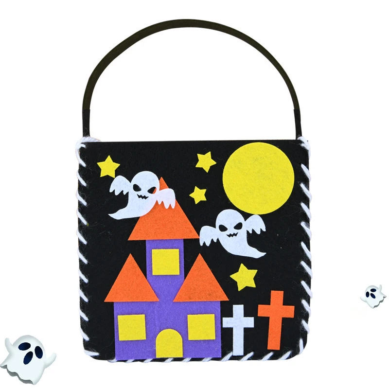 Hand Sewn Halloween Trick or Treat Tote Bags Kids DIY Crafts Kits Sewing Non-Woven Candy Basket Bags Toys Gifts for Children