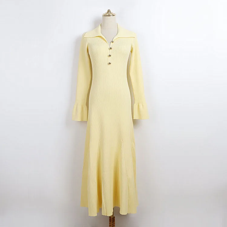 

Women's Yellow Ribbed Knit Maxi Dress Long Bell Sleeves Collared Neckline With Decorative Buttons Slim Flowy Hem Elegant Dress