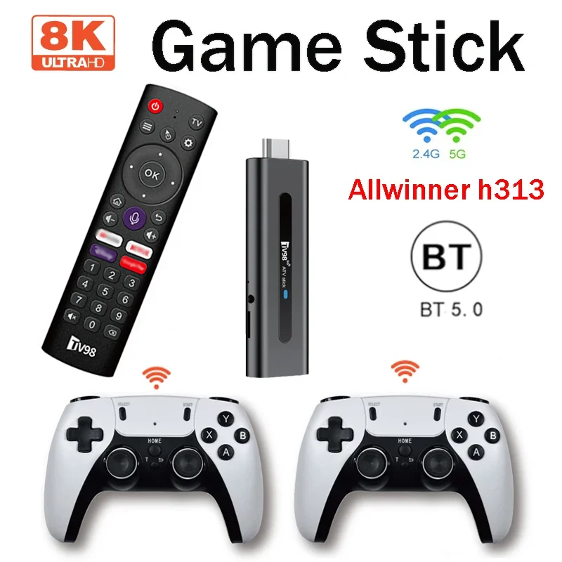 

TV98 ATV Game Stick 8K HD Game Android 14 Allwinner H313 Dual WiFi 2,4G/5G 64 ГБ Двойной беспроводной контроллер для ретро-игр в подарок