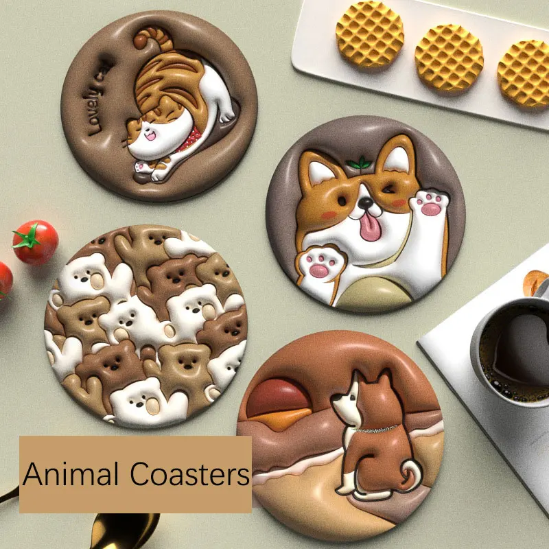 3D Animal Coasters Cute Silicone High-Temperature Cup Pad Anti-slip and Waterproof Reusable Mug Mat Placemat Kitchen Tableware