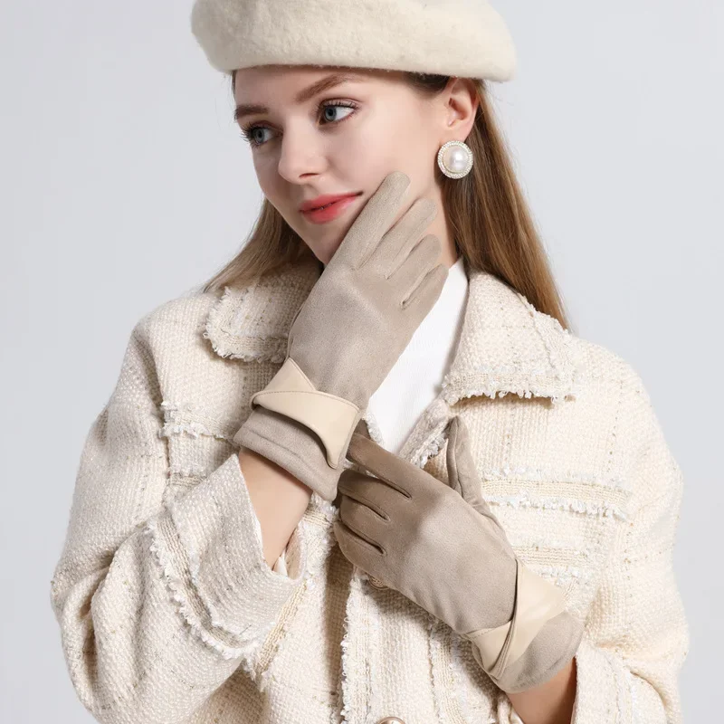 Suede Fleece Lined Thickened Protective Gloves Bow Decor Touch Screen Thermal Cold Proof for Men Women Winter Outdoor Daily Use