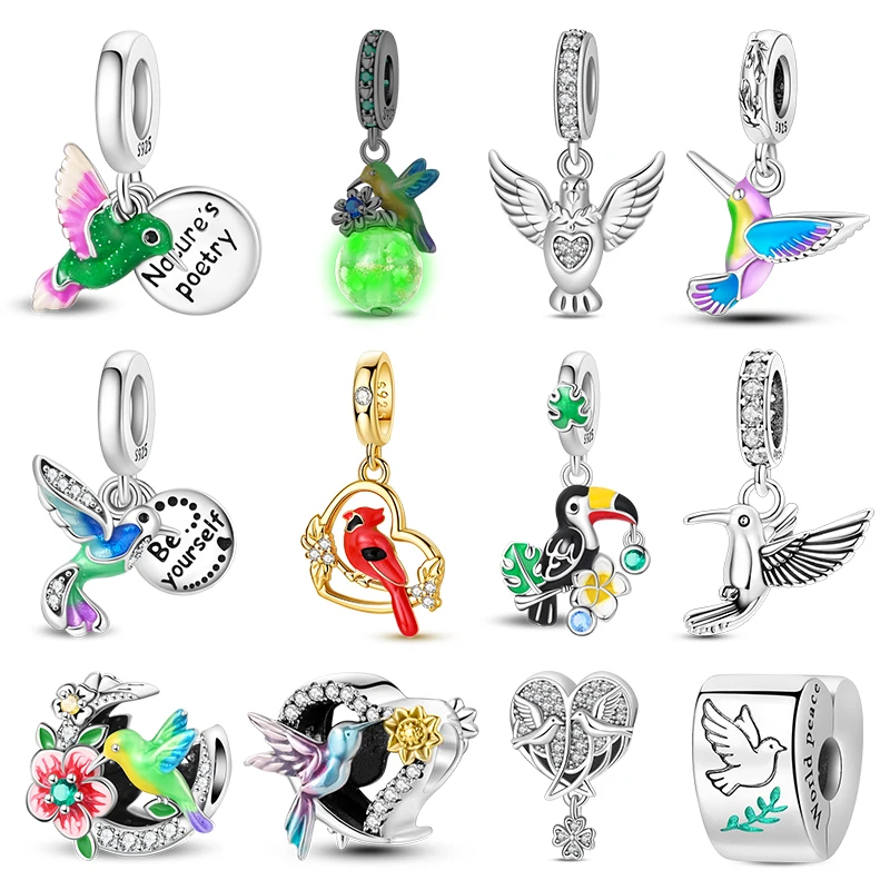 Nature Bird Theme 925 Sterling Silver Dangle Beads CZ Zircon Hummingbird Peace Dove Pendant Girls Bracelet DIY Jewelry Gift