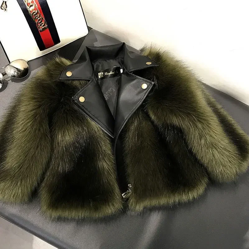 

New Children's Faux Fox Skin Children's Coat Fur Men's and Women's Work Coat Fashion Lapel Casual Coat Military Green E3961