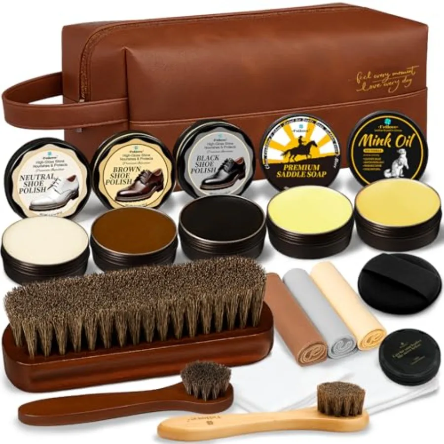 

Shoe Care Kit 16-in-1 Leather Shoe Polish Cleaning and Conditioning Kit with Saddle Soap and Mink Oil Black/Brown/Neutral Shoe