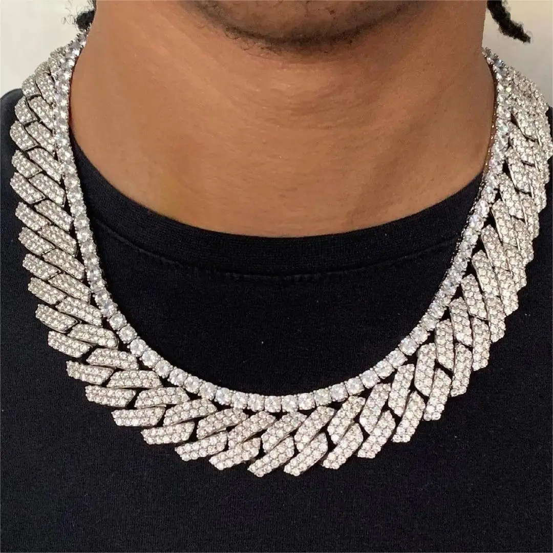 

Hiphop 14mm Cuban Chain Custom Clasp Iced Out 2 Row 925 Sterling Silver Moissanite Cuban Link Chain