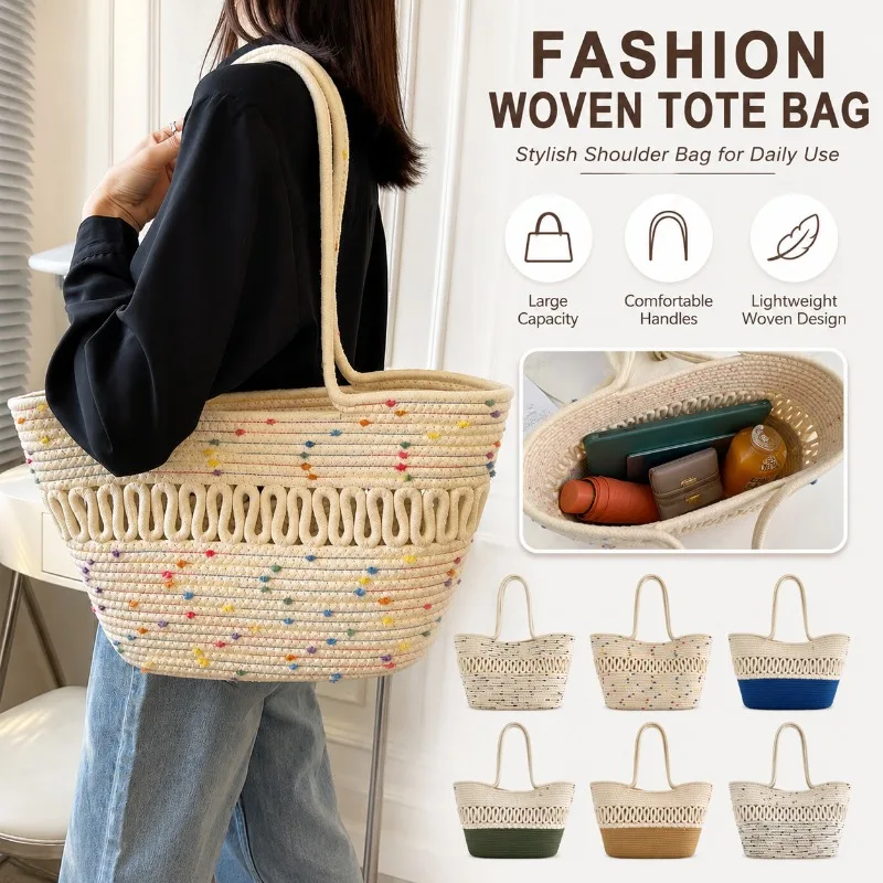

Summer Woven Tote Bag for Women Large Capacity Straw Shoulder Bag Soft Rope Handle Beach Handbag for Vacation and Daily Shopping
