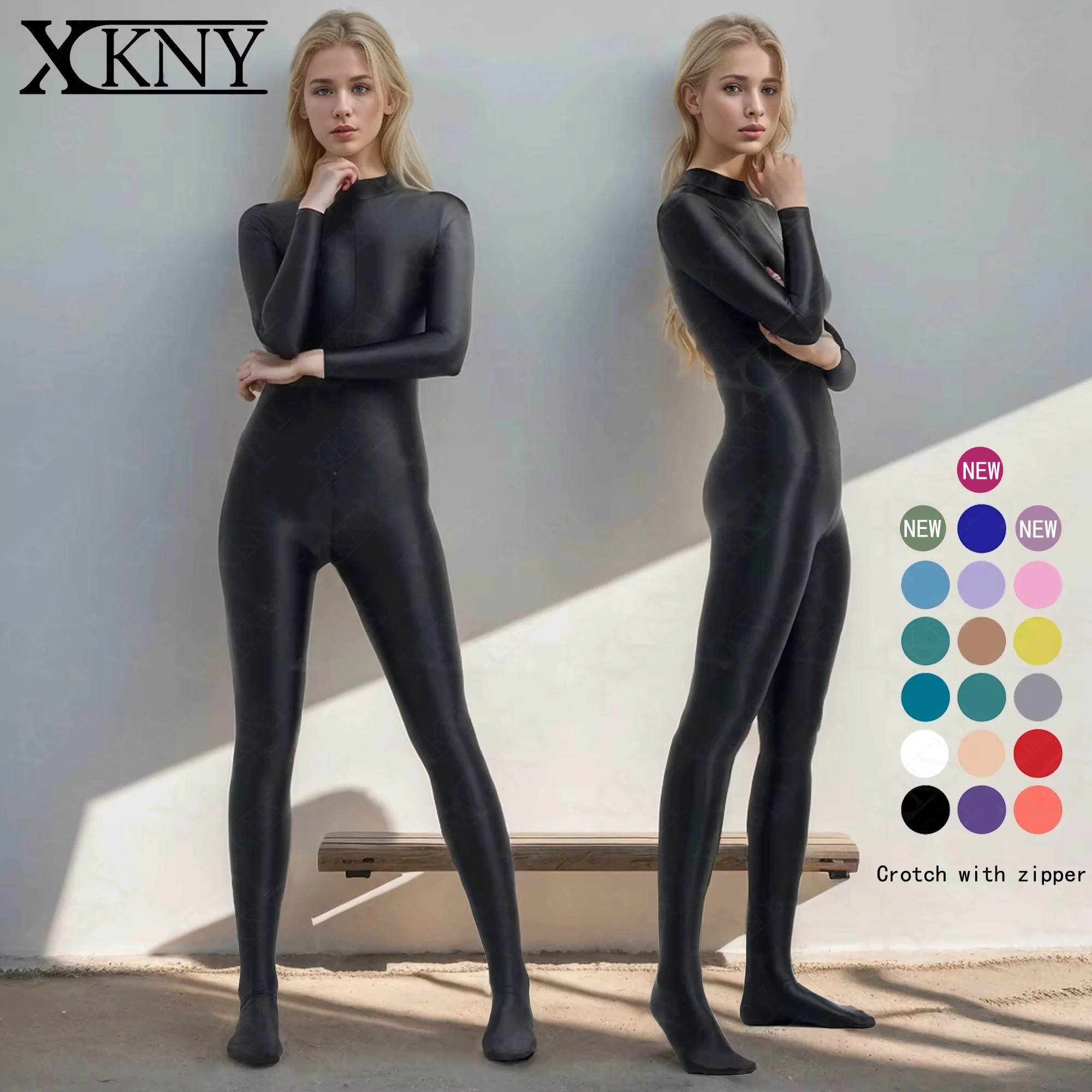 

XCKNY Satin Glossy One Piece bodysuit Sexy Oil High Neck Long Sleeve Full body Tight Pants Double End Zipper Silk leotard