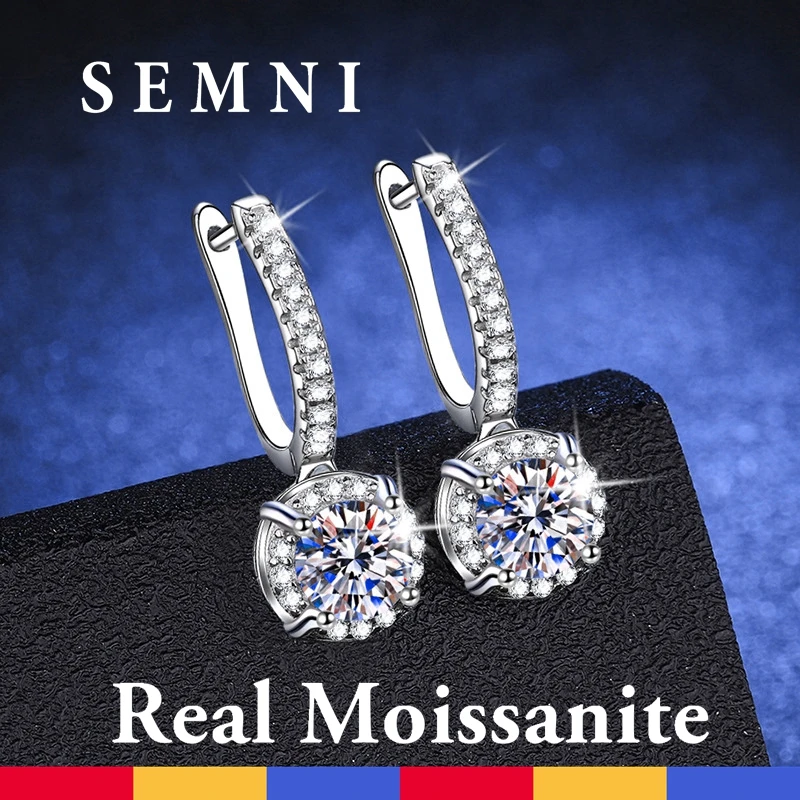 SEMNI 2.0ct Moissanite Diamond Drop Earrings for Women White Gold Plated Sparkling D Color Gem Lab Diamond Earring Beautiful