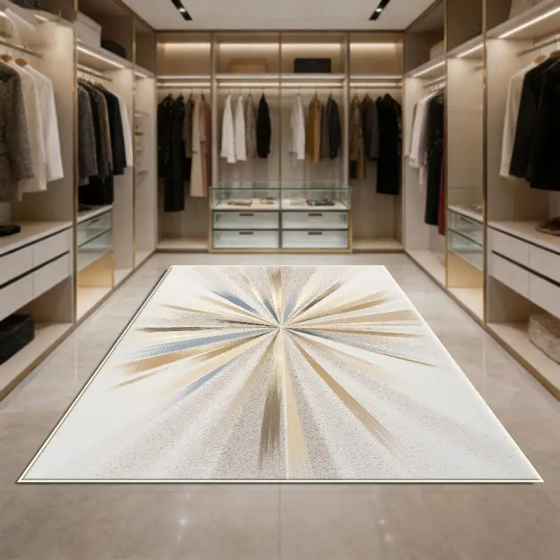 Modern Gold Blue Radiant Area Rug Light Luxury Sunburst Design For Walk In Closet Dressing Room And Master Bedroom Decor