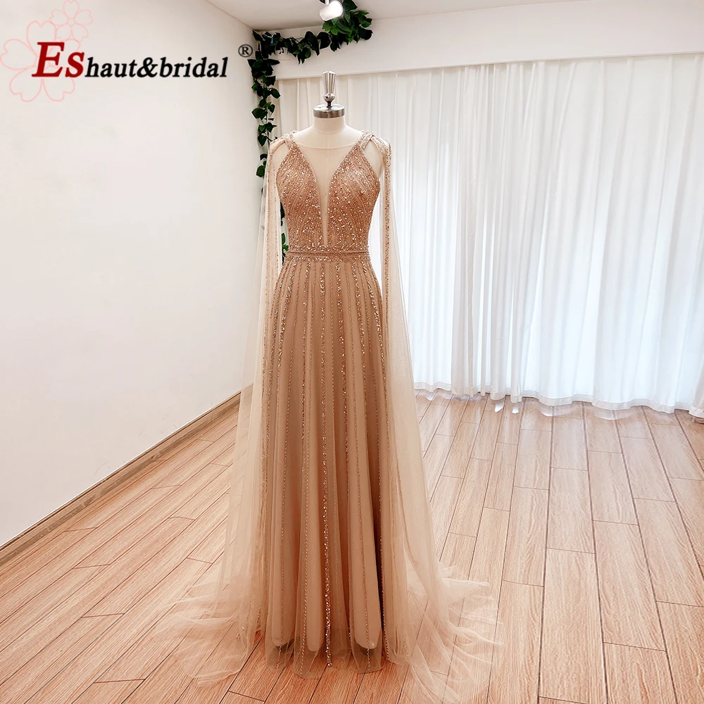 Luxury Aline Beads Evening Dress for Women 2024 with Cape Sleeves Elegant O Neck Long Formal Prom Wedding Party Gown Customized