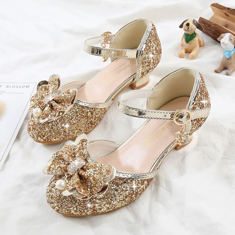 Children\'s Sandals for Party Wedding Elegant Bowknot Kids Girls Versatile Sequins High-heels Fashion Pearl Princess Single Shoes