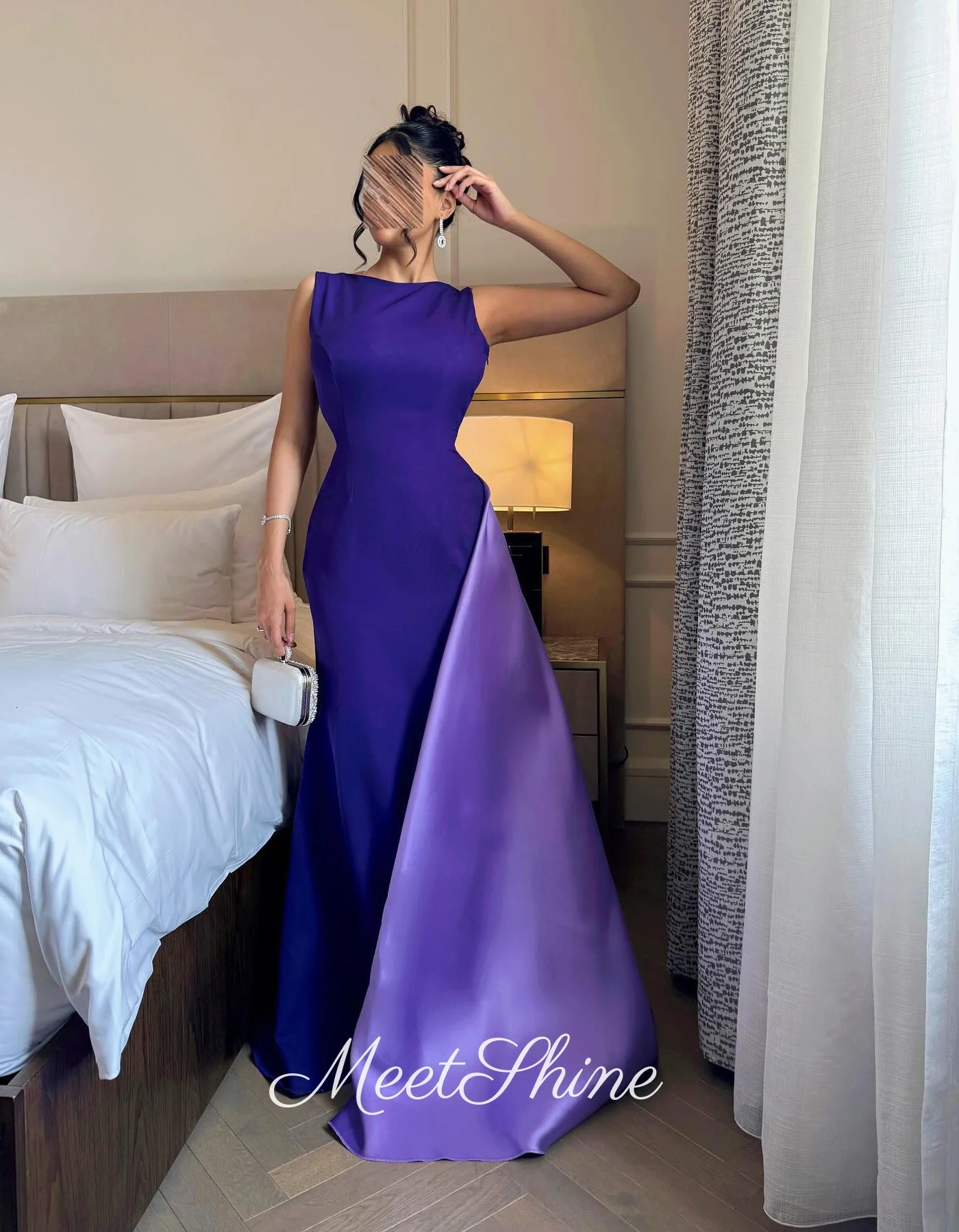 Elegante sirena viola con scollo a O in raso فساتrapbookingmaveraLusso con gonna oversize Abiti da sera senza schienale Arabia Saudita Personalizzato