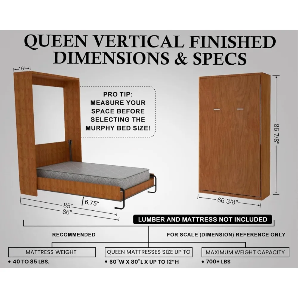 طقم سرير ميرفي بحجم كوين مثبت على الحائط عموديًا - حل DIY موفر للمساحة - صديق للميزانية - صنع في الولايات المتحدة الأمريكية - سرير مخفي