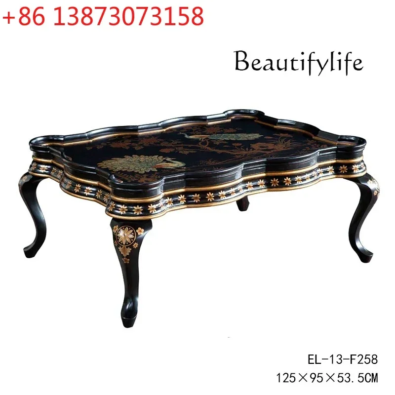 

N French Country Retro Hand Painted Peacock Solid Wood Wavy Edge Coffee Table American Villa Luxury Coffee Table