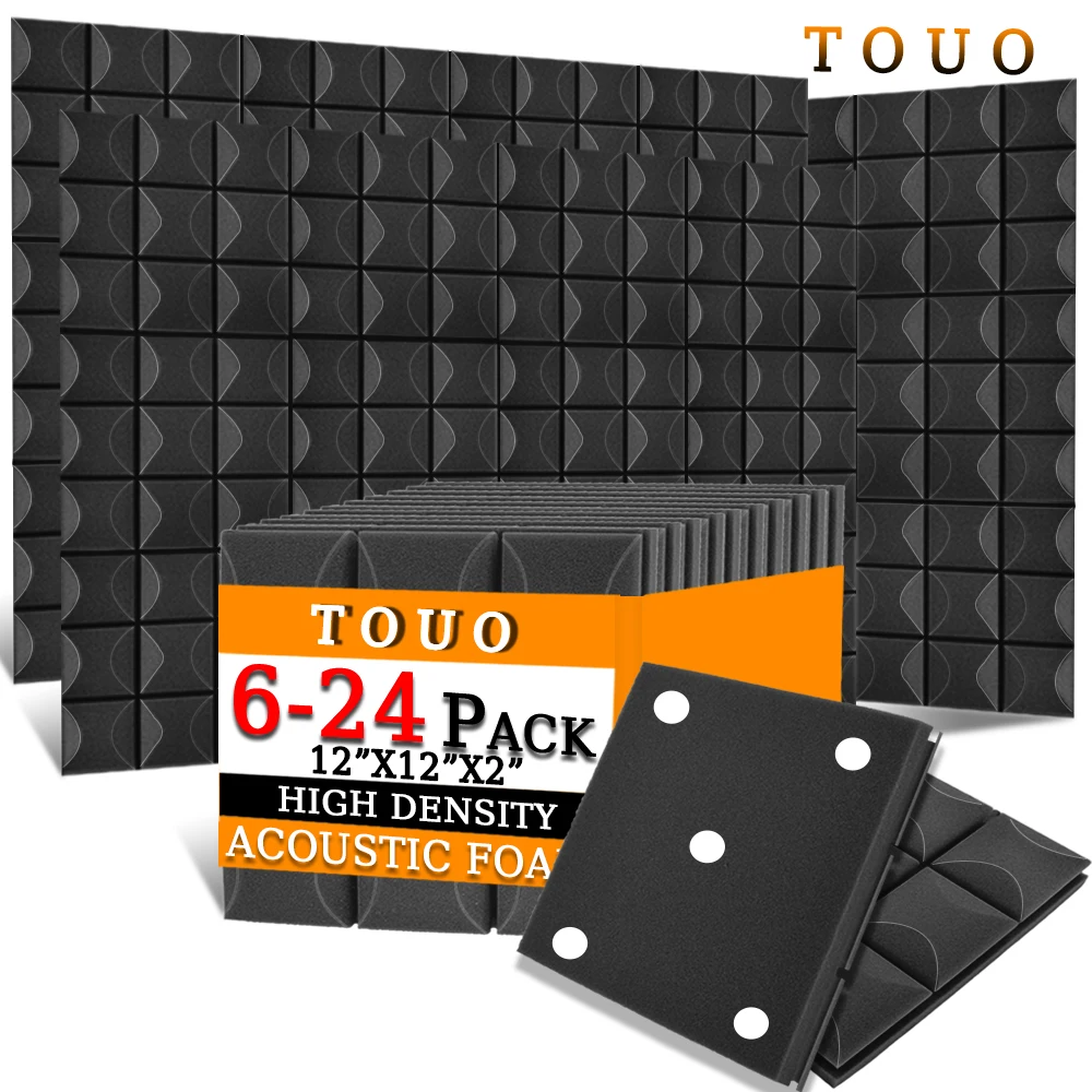 TOUO Acoustic Foam Self-Adhesive Wall Panels 6-24 Pcs Drum Room Absorption Treatment Studio Soundproof Foam Panels Sound