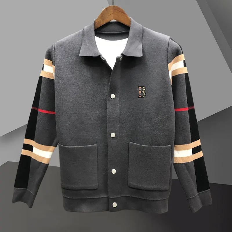 2023 Autumn Winter England Style Pocket Men Cardigan Fashion Brand Cardigan Plus Size Spliced Color Cardigan Knit Jacket