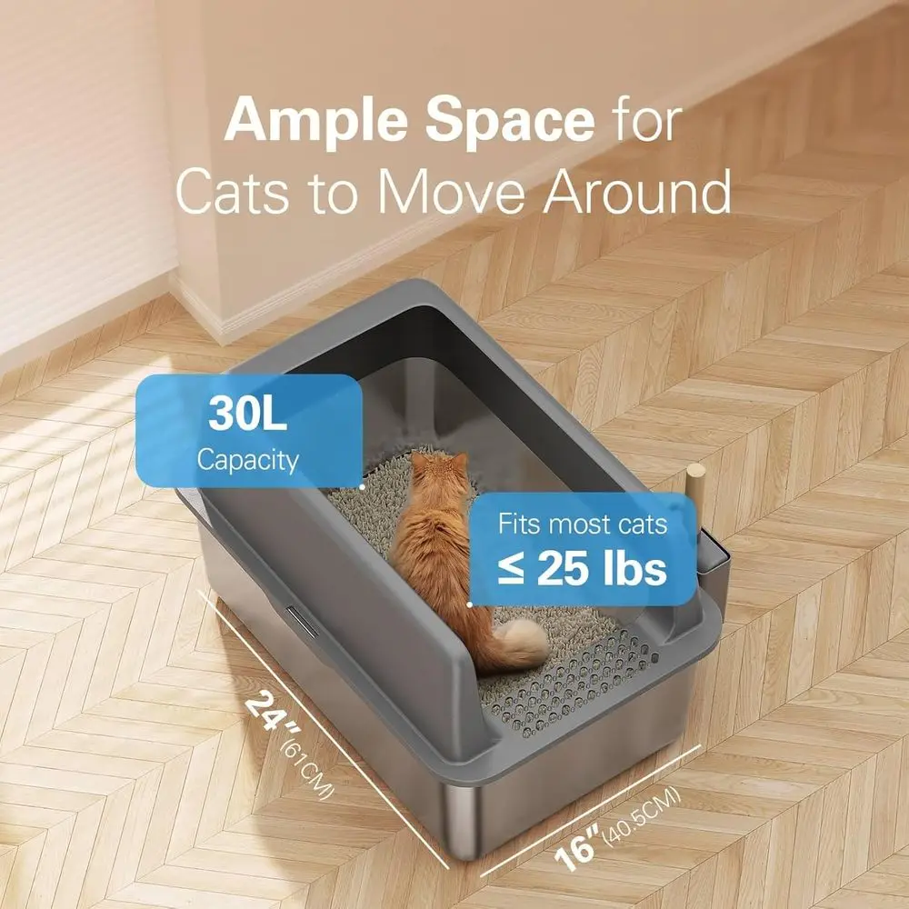 Extra große Katzentoilette aus Edelstahl mit 8 Zoll Tiefe und Deckel, hochseitige XL-Metallbox für große Katzen, schwarz – Antihaftbeschichtet, leicht zu reinigen, L