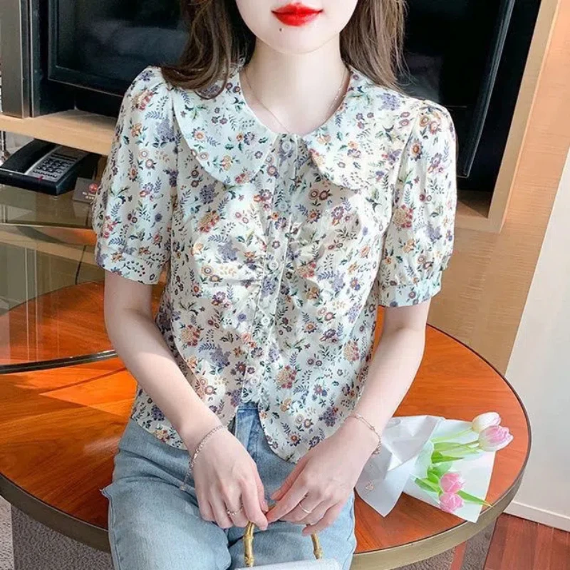 New Floral Korean Youth Shirt Tops Summer Short Sleeve Temperament Print Irregular Short Blouse Fashion Elegant Women Clothing