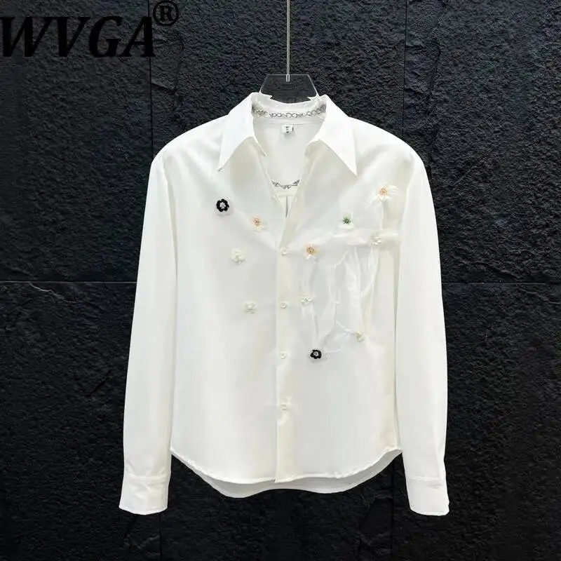 WVGA Spring Autumn New Men Sequined Three-dimensional Floral Long Sleeved Shirt Niche Chic Casual Mesh Ribbon Design Tops W25565