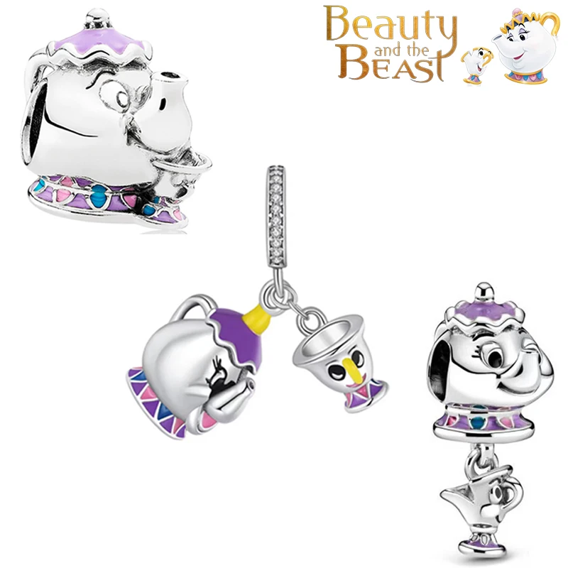 Disney Charms Bracelet Women Beauty and the Beast Mrs.Potts and Chip Dangle Anime Teapot Beads Bangle Girl DIY Jewelry Accessory