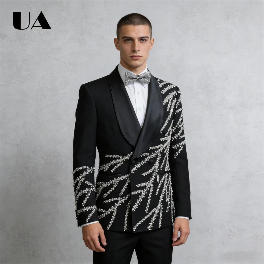 

Beading Pearls Suit Set for Men from XS to 3XL, Luxurious 2-Piece Suit Attires for Formal Evening Prom ULBYANRY