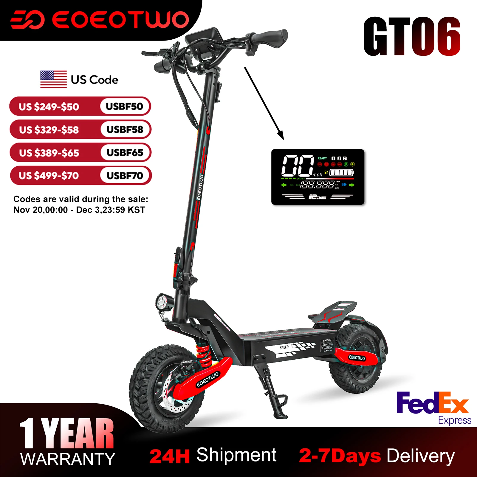

EOEOTWO GT06 Electric Scooter,1200W Motor,40/20Miles Range&28mph,11'' Off Road Tires,Dual Suspension E-Scooter+1 Year Warranty