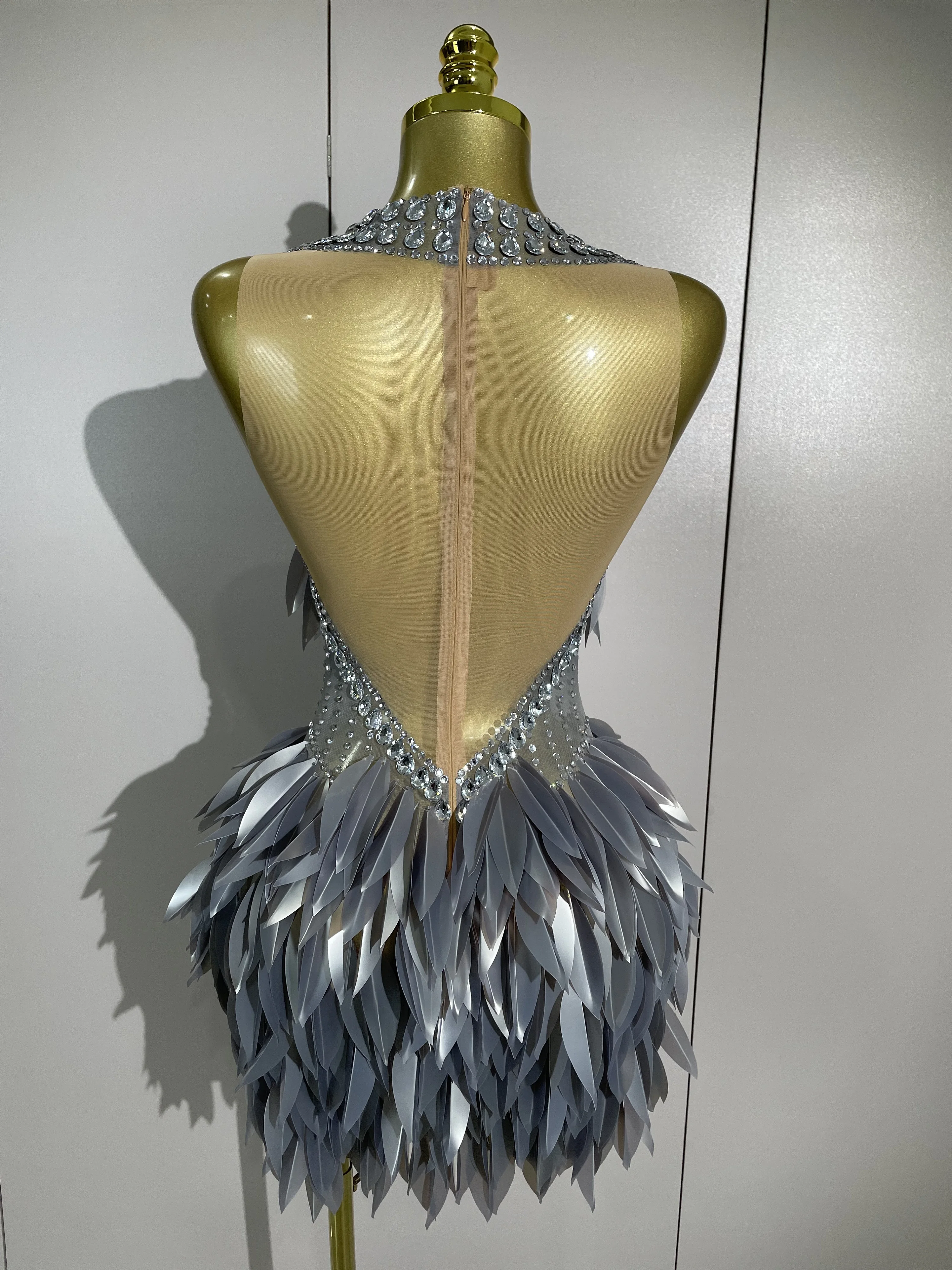 Lusso scintillante diamante 3D acrilico foglia maglia trasparente mini abito da donna festa d'auguri compleanno ballo discoteca bar costumi di scena