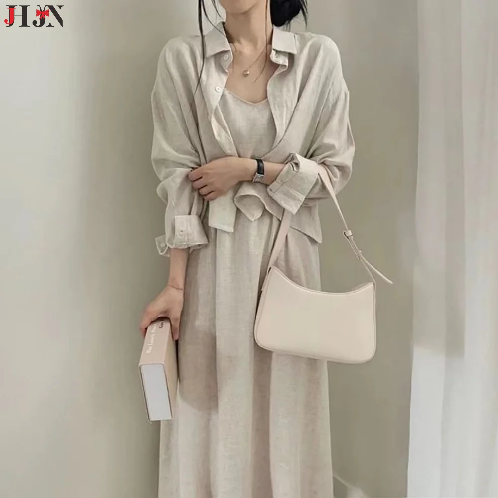 

JHJN комплект из 2 предметов для женщин, корейская версия, имитация льна, удобное и дышащее платье с ремешком в стиле ретро + рубашка, куртка