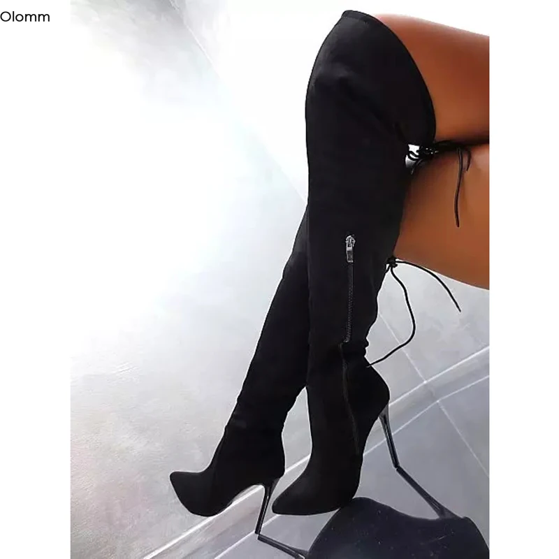 

Olomm New Women Over The Knee Boots Sexy Stiletto High Heels Boots Pointed Toe Charm Black Party Shoes Women Plus US Size 5-15