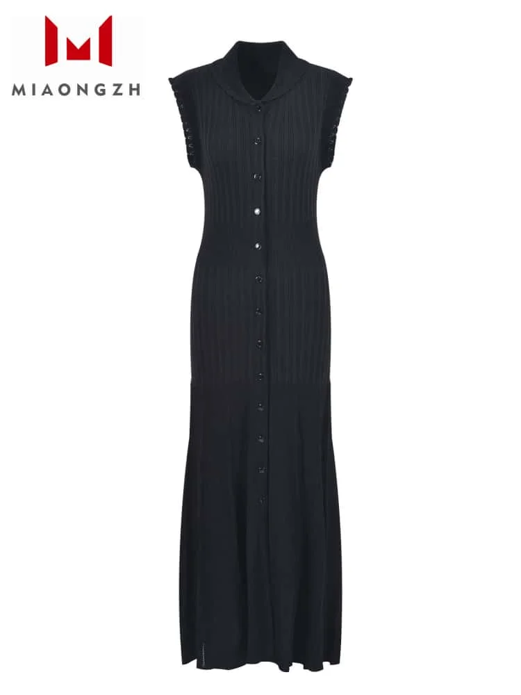

High Quality Black Sleeveless Knitted Long Dresses For Women Temperament Slim Lapel Single Breasted Female Fashion Party Robe