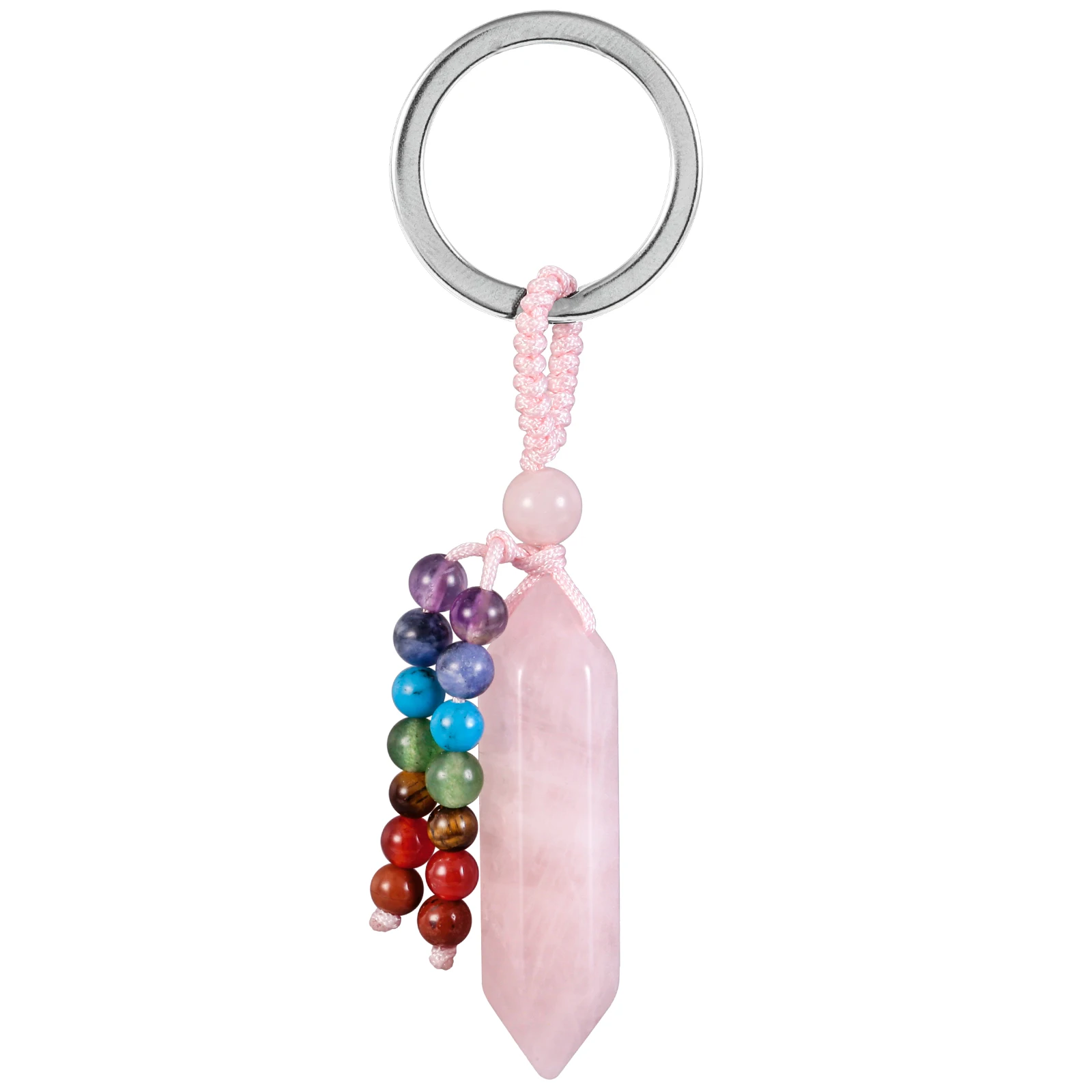 Mini Crystal Point Wand Keychain Healing 7 Chakra Round Stone Beads Key Rings Lanyard For Car Key Wallet Backpack