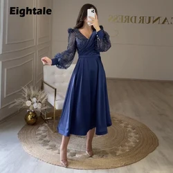 Eightale Navy Blue Short Evening Dress for Wedding Party Customized Satin Gliiter Prom Gown Long Puffy Sleeves Celebrity Gown