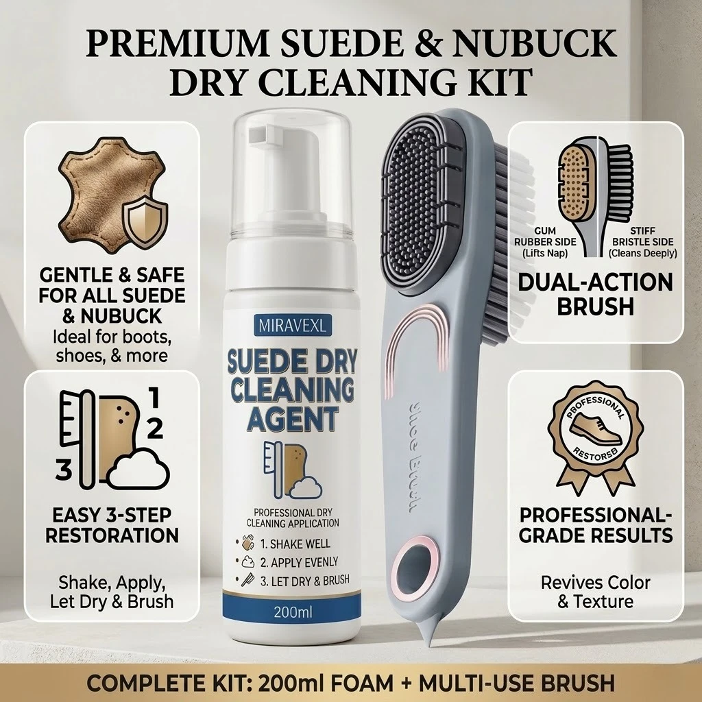 Suede Shoe Dry Cleaner with Brush Set, Waterless Stain Remover Foam for Nubuck Leather Sneakers Boots Footwear Care