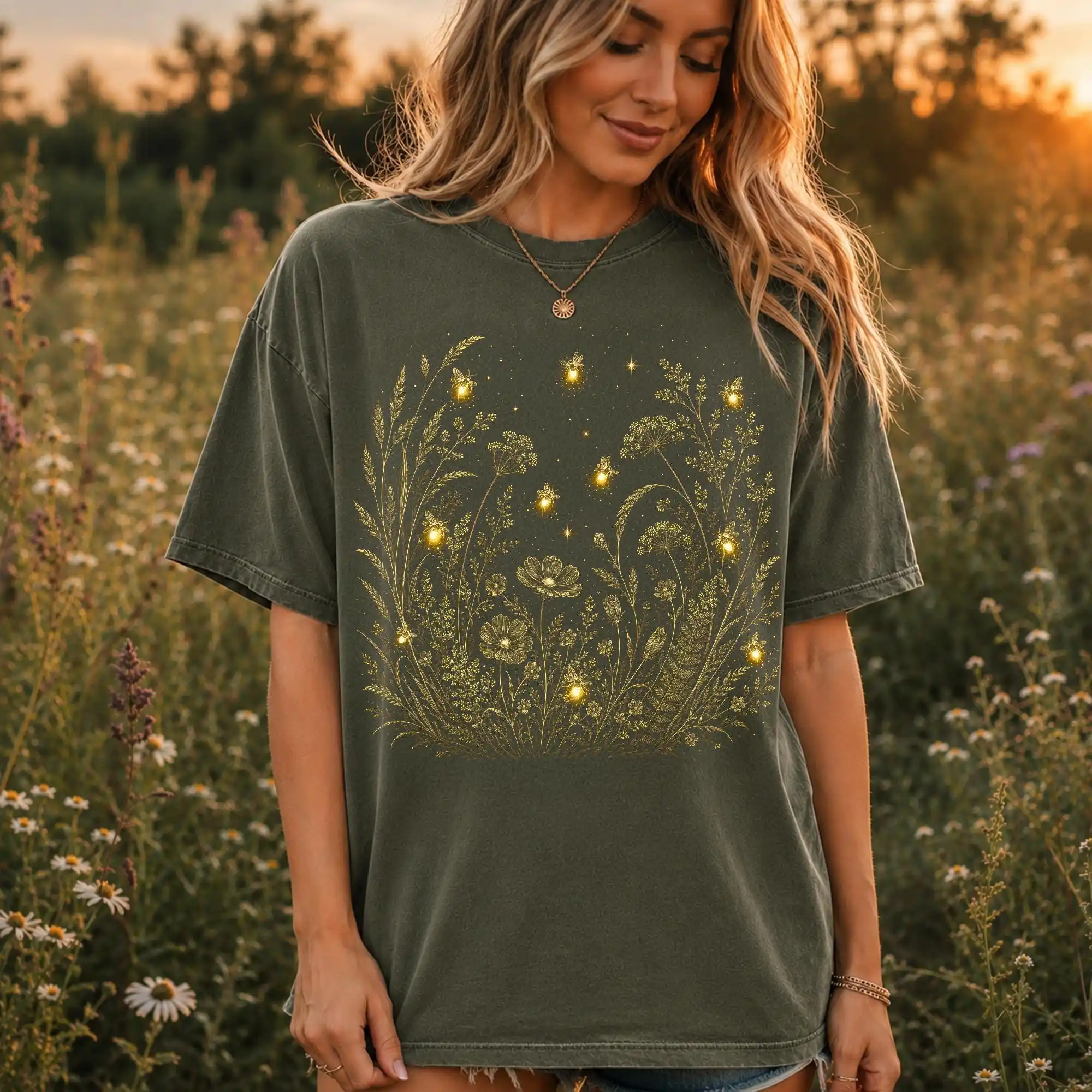 Summer Nights Firefly Tee, Wildflower Meadow Shirt, Botanical Nature Lover Gift