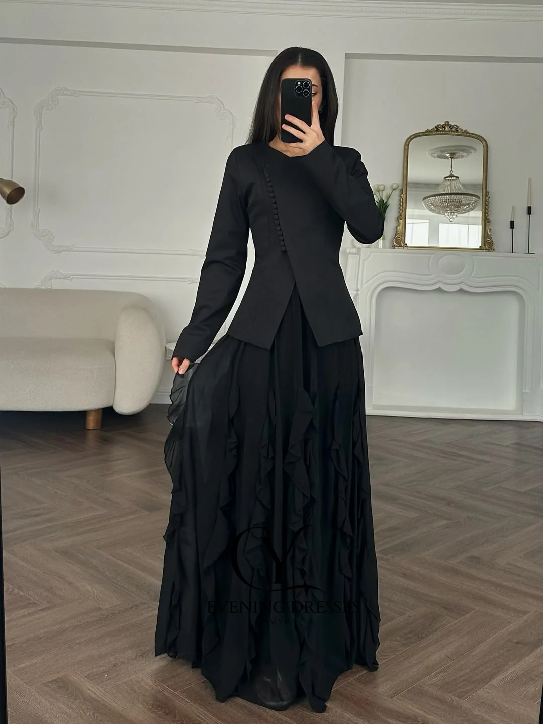 CUYUN Zwarte Vrouwen Bescheiden Avondjurk Blazer Stijl Knoppen Lange Mouwen Formele Evenement Jurken Aangepaste Ruches Chiffon Jurk