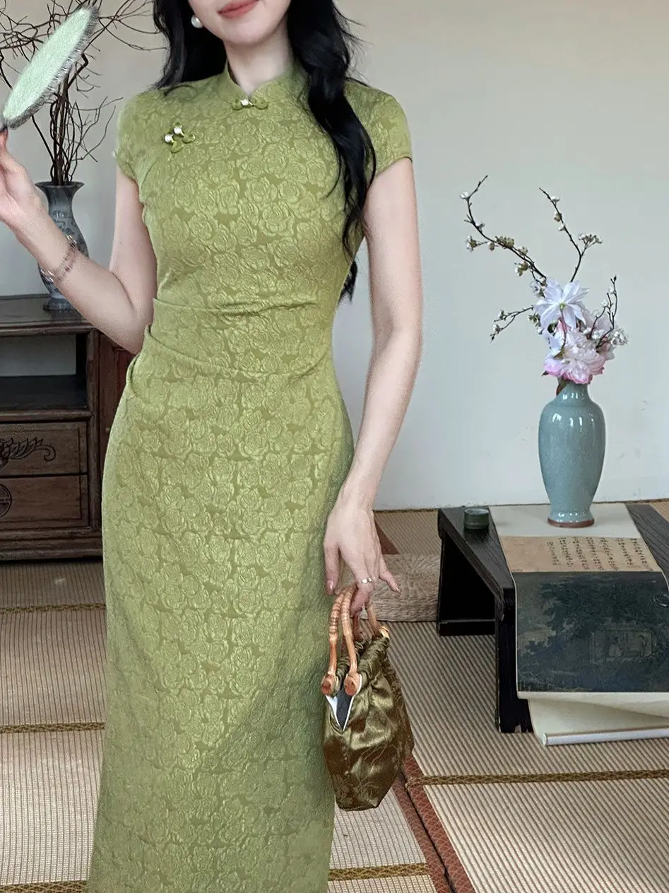 Rose Jacquard Qipao 2025, New Chinese Slim Fit Dress, Elegant Long Cheongsam Spring Summer Fashion cheongsam New Chinese Young